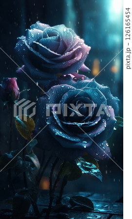 Blooming blue roses with drops of water close-up background. Ai generated 126165454