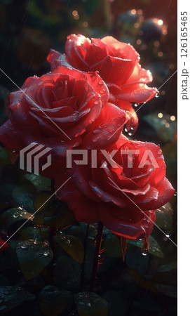Blooming red roses with drops of water close-up background. Ai generated 126165465
