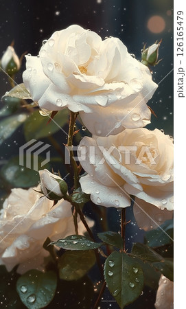 Close-up white roses with drops of water background. Floral wallpaper. Ai generated 126165479