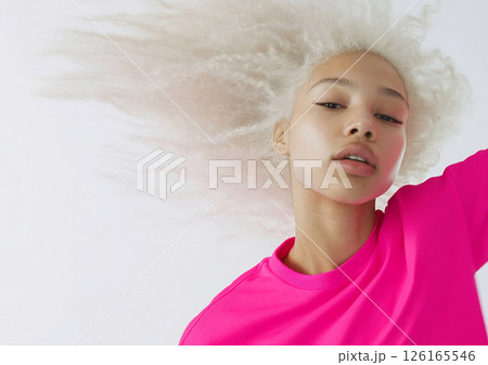 Dynamic fashion shoot with beautiful model with white hair wearing neon pink.AI Generative. 126165546