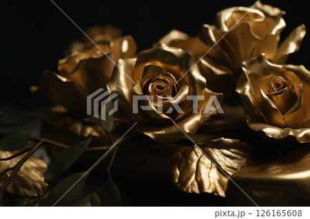 Golden roses  close-up dark romantic background. Ai generated 126165608