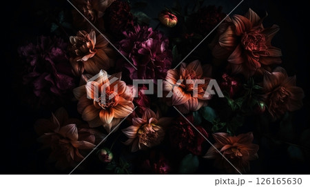 Flowers with drops of water close-up dark romantic background. Wildflowers wallpaper. Ai generated 126165630