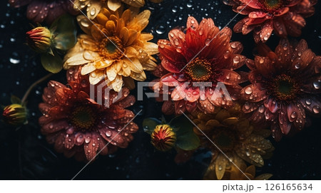 Flowers with drops of water close-up dark romantic background. Wildflowers wallpaper. Ai generated 126165634