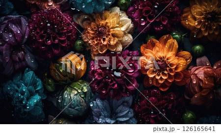 Flowers with drops of water dark moody romantic background. Close-up floral backdrop. Ai generated 126165641