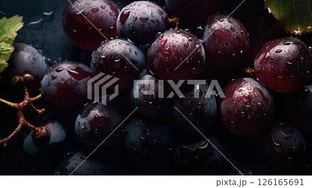 Close-up of black grapes with water drops on dark background. Fruit wallpaper 126165691