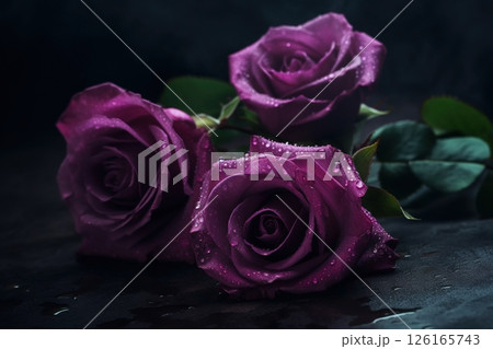 Purple roses close-up dark romantic background. Flowers wallpaper. Ai generated 126165743