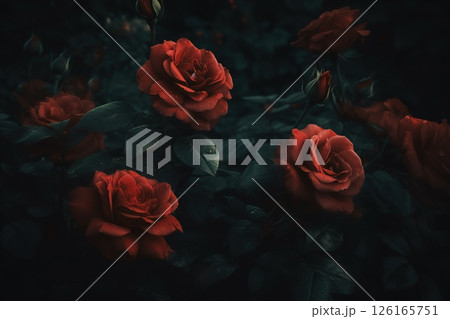 Red roses close-up dark romantic background. Flowers wallpaper. Ai generated Red roses close-up dark romantic background. Flowers wallpaper. Ai generated 126165751