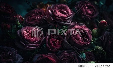 Burgundy color roses close-up dark romantic background. Flowers wallpaper. Ai generated 126165762