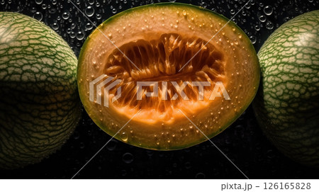Close-up of melons with water drops on dark background. Fruit wallpaper 126165828