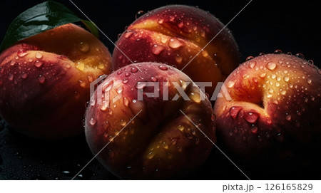 Close-up of peaches with water drops on dark background. Fruit wallpaper 126165829