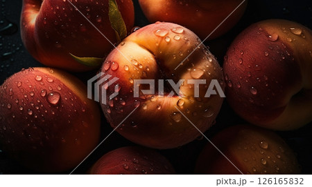 Close-up of peaches with water drops on dark background. Fruit wallpaper 126165832