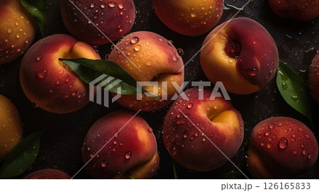 Close-up of peaches with water drops on dark background. Fruit wallpaper 126165833