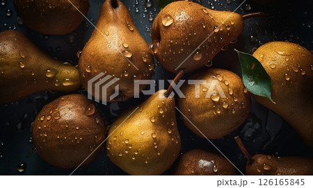 Close-up of pears with water drops on dark background. Fruit wallpaper Close-up of pears with water drops on dark background. Fruit wallpaper 126165845