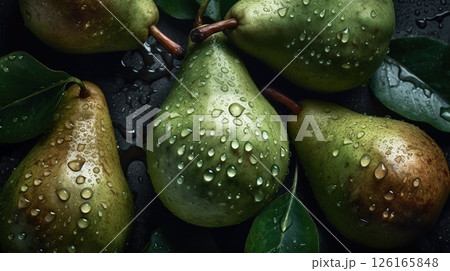 Close-up of pears with water drops on dark background. Fruit wallpaper Close-up of pears with water drops on dark background. Fruit wallpaper 126165848