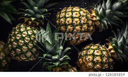 Close-up of pineapples with water drops on dark background. Fruit wallpaper 126165854
