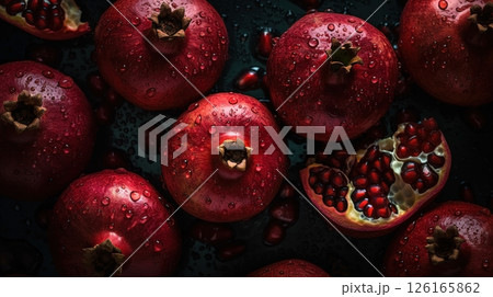 Close-up of pomegranates with water drops on dark background. Fruit wallpaper 126165862