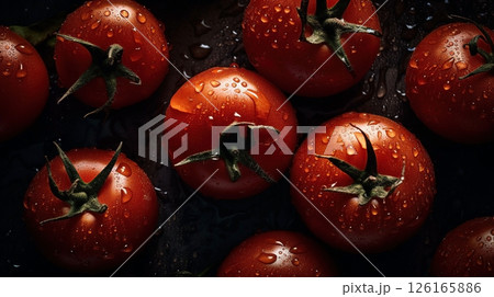 Close-up of tomatoes with water drops on dark background. Vegetable wallpaper Close-up of tomatoes with water drops on dark background. Vegetable wallpaper 126165886