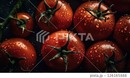 Close-up of tomatoes with water drops on dark background. Vegetable wallpaper 126165888