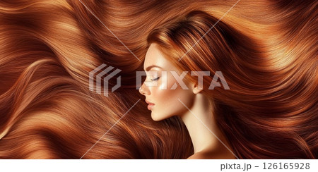 Young beautiful woman with long shiny silky ginger red redhead hairstyle.Macro.AI Generative. 126165928