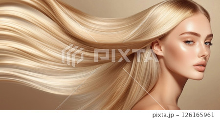 Fashion beauty shoot of young woman model with silky shiny blond blonde hairstyle.AI Generative. 126165961