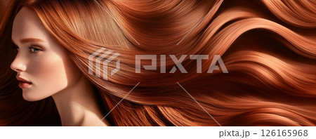 Young beautiful woman with long shiny silky ginger red redhead hairstyle.Macro.AI Generative. 126165968