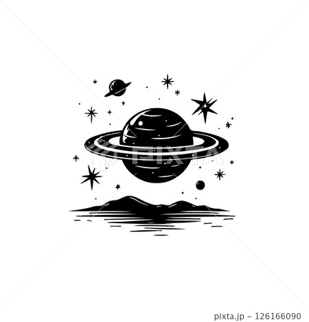 Stylized monochrome rendering of a planet, water, and stars in an abstract space scene Stylized monochrome rendering of a planet, water, and stars in an abstract space scene 126166090