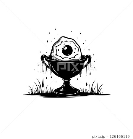 Whimsical monochrome artwork of an egg triumphantly perched in a trophy cup Whimsical monochrome artwork of an egg triumphantly perched in a trophy cup 126166119