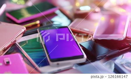 Pile of smartphones in various colors on a table showcasing modern technology and design in a vibrant setting 126166147