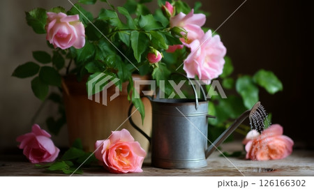 Roses bloom in a wooden pot beside a metal watering can on a rustic wooden table in soft natural light Roses bloom in a wooden pot beside a metal watering can on a rustic wooden table in soft natural light 126166302