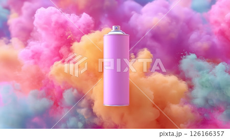 Spray can surrounded by vibrant colored smoke in a creative art setting 126166357