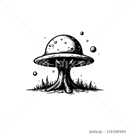 Whimsical monochrome mushroom illustration with dotted cap and grassy base 126166560