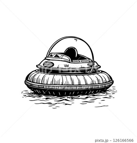 Retro futuristic hovercraft illustration floating on water, whimsical design style Retro futuristic hovercraft illustration floating on water, whimsical design style 126166566