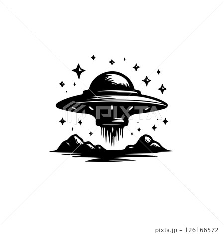 Stylized monochrome depiction of a ufo hovering above a rocky landscape 126166572