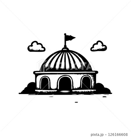 Stylized vector illustration of a domed building with a flag and cloudscape Stylized vector illustration of a domed building with a flag and cloudscape 126166608