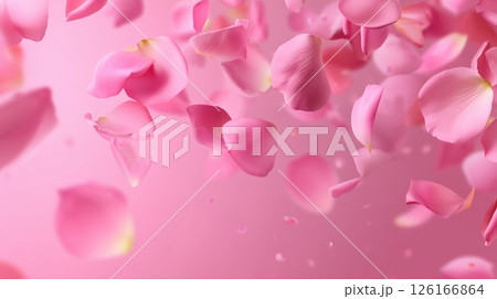 Pink rose petals gracefully floating through the air, creating a serene and romantic atmosphere 126166864