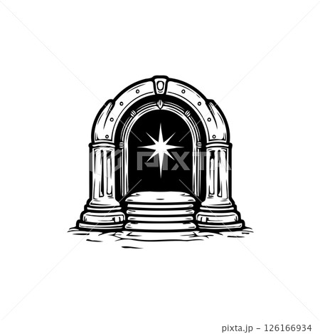 Enigmatic stone archway revealing celestial radiance within a monochrome fantasy setting Enigmatic stone archway revealing celestial radiance within a monochrome fantasy setting 126166934