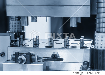 The metalworking process by progressive die in the light blue scene. The metalworking process by progressive die in the light blue scene. 126166956