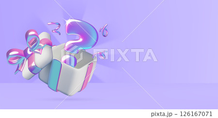Open mystery box with question mark surprise inside on purple background Open mystery box with question mark surprise inside on purple background 126167071
