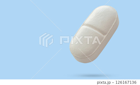 White medicine pill tablet float on blue background White medicine pill tablet float on blue background 126167136