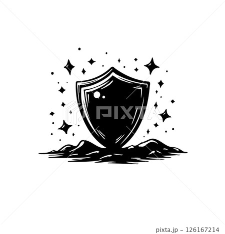 Mystical shield emblem symbolizing protection and resilience with celestial accents Mystical shield emblem symbolizing protection and resilience with celestial accents 126167214
