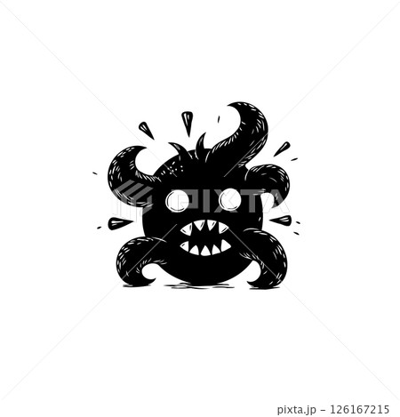 Stylized monster graphic in monotone, depicting playful ferocity and whimsy 126167215