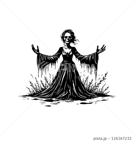 Monochrome representation of spectral female figure in ethereal surroundings 126167232