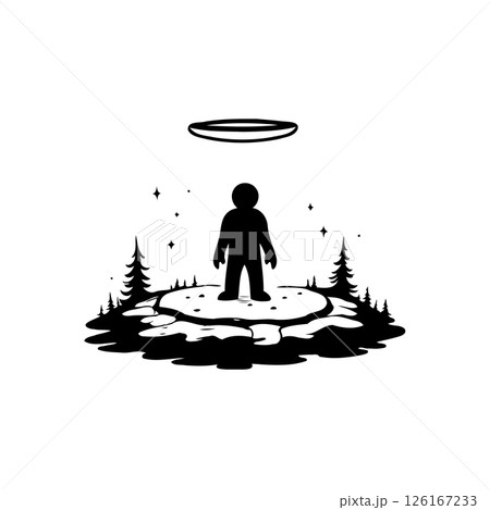 Abstract Silhouette: Enigmatic Figure Amidst Surreal Landscape and Celestial Aura 126167233