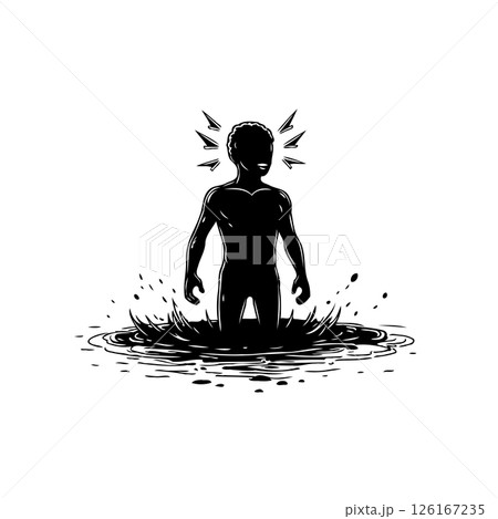 Figure emerging from turbulent water, a metaphor for overcoming challenges 126167235
