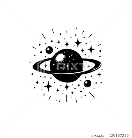 Mystical celestial body with rings and stars, a minimalist universe representation 126167236