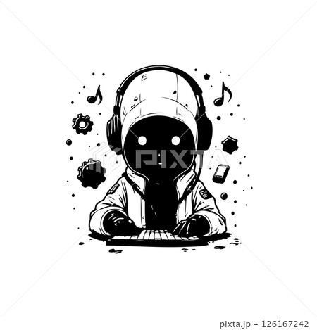 Monochrome Digital Artist: A Futuristic AI Character Immersed in Creative Coding Monochrome Digital Artist: A Futuristic AI Character Immersed in Creative Coding 126167242