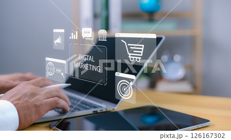 Digital marketing concept, Hands using computer with icon Representing online advertising, E-commerce, SEO, Social media,Targeting strategy, Content creation and internet marketing for business growth Digital marketing concept, Hands using computer with icon Representing online advertising, E-commerce, SEO, Social media,Targeting strategy, Content creation and internet marketing for business growth 126167302