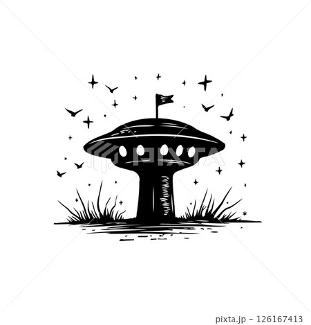 Stylized depiction of a ufo outpost landed on earth in monochrome setting Stylized depiction of a ufo outpost landed on earth in monochrome setting 126167413