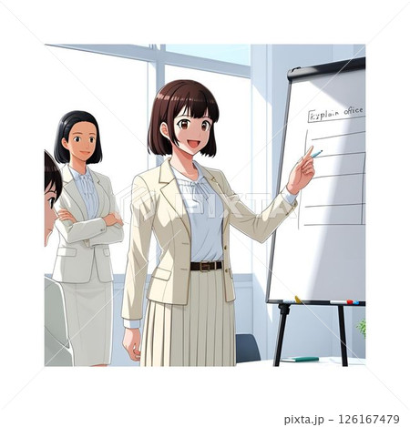 オフィスで働く女性 AIアニメ風 ビジネスシーンのイラスト ホワイトボード 若手社員 オフィスで働く女性 AIアニメ風 ビジネスシーンのイラスト ホワイトボード 若手社員 126167479