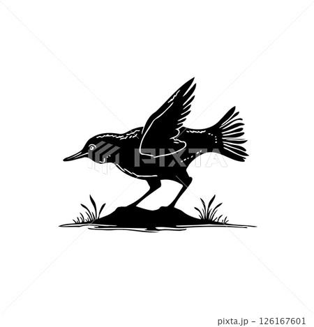 Silhouette avian figure poised for flight over minimal vegetation patch illustration 126167601
